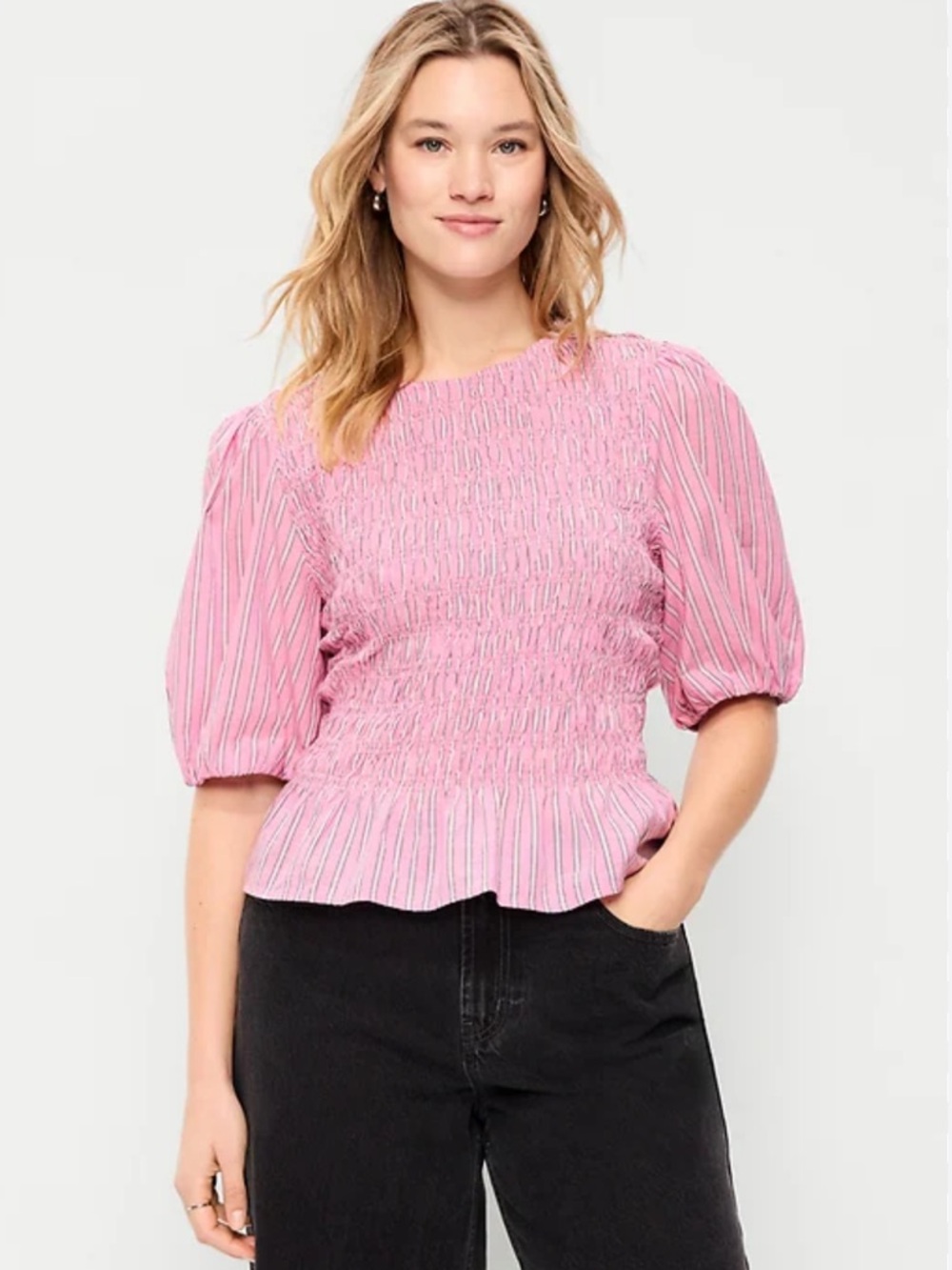 Old Navy Pink Pinstripe Smocked Puff Sleeve Blouse Sz XL
Casual